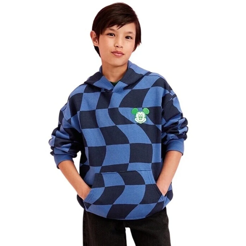 Old Navy Disney Mickey Mouse Oversized Pullover Hoodie Sz S 6-7 Hyper Blue Plaid